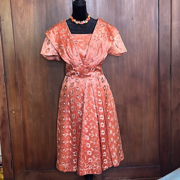 Vintage Handmade Peachy Keen Satin Dress - Picture 2 of 16